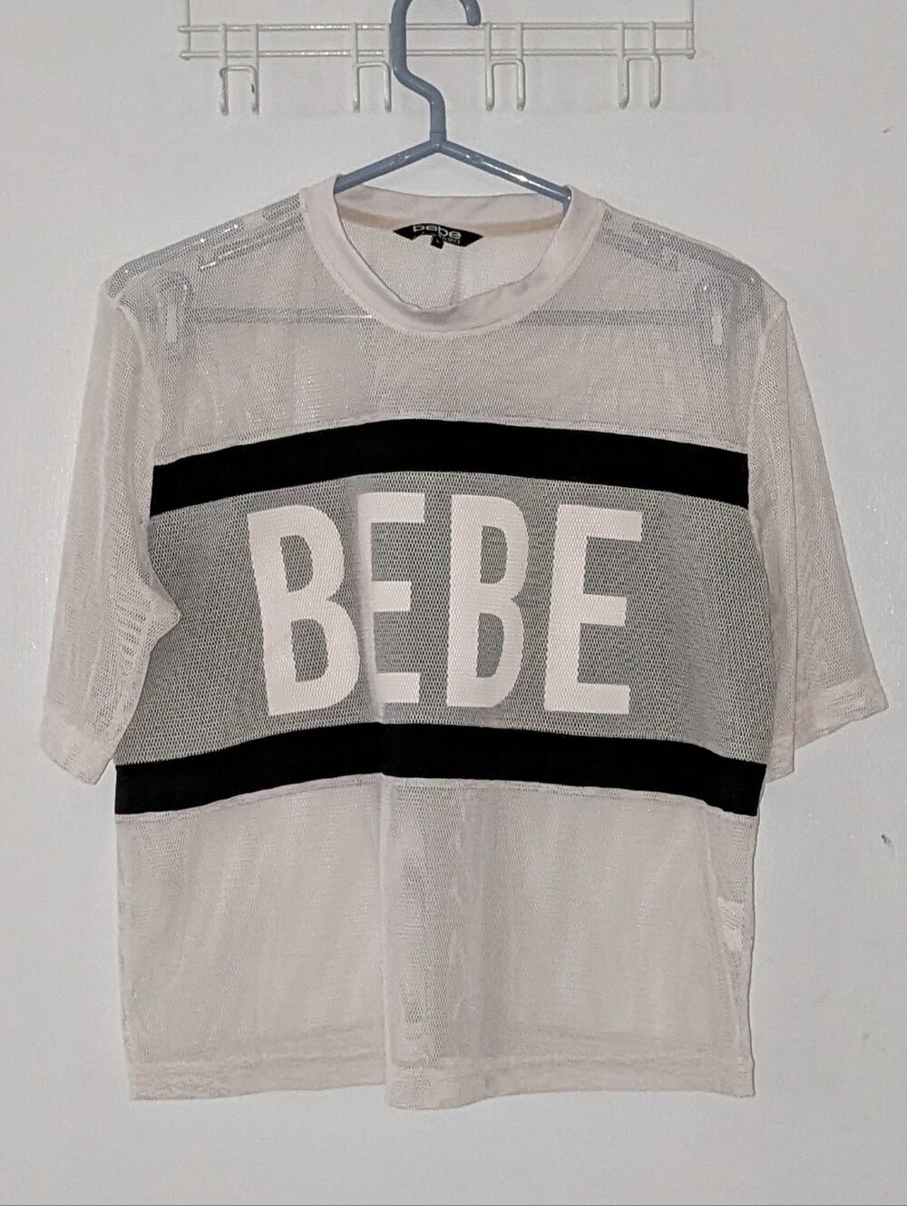 BEBE Sport White Mesh Crop Top Graphic Logo Crewneck Short Sleeve Size Large